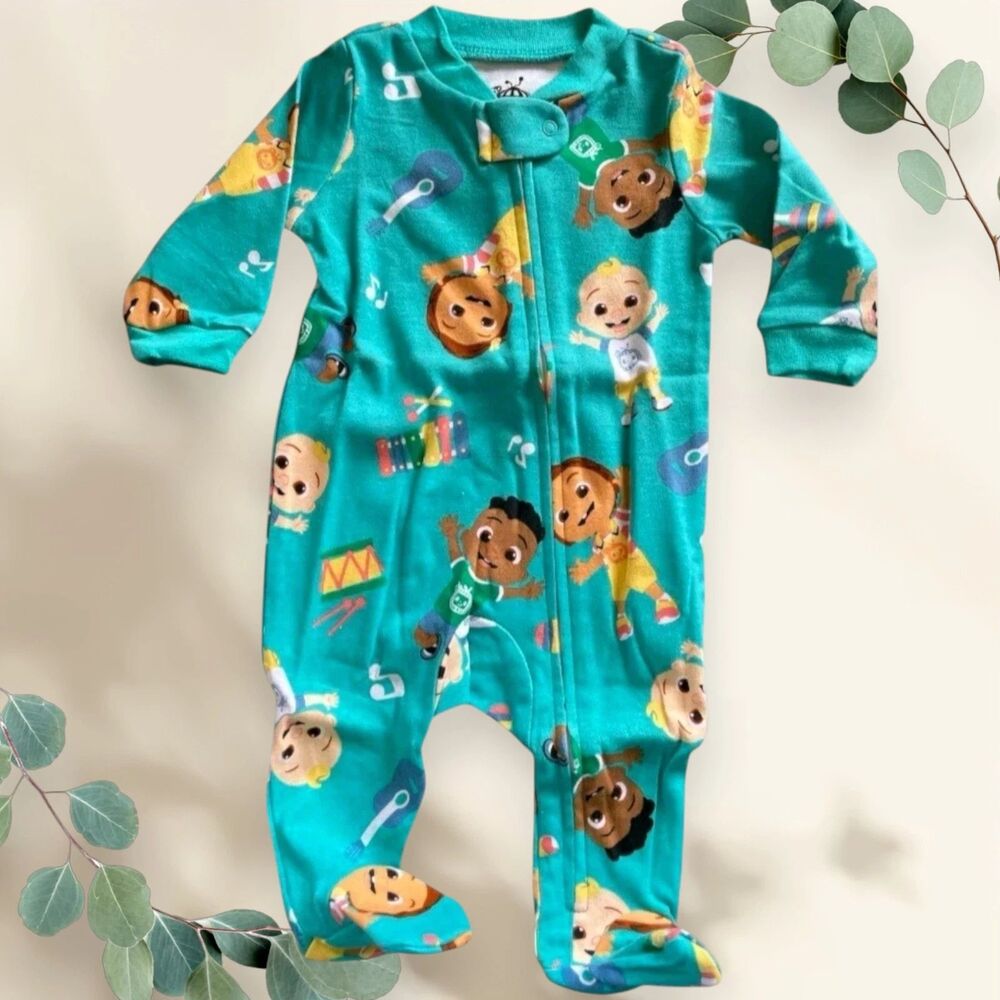 Cocomelon Baby Sleeper Pajamas 6-9M Zip Up Footed Aqua Green Musical Pattern